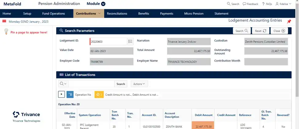 image showing metadfold pension admin module.